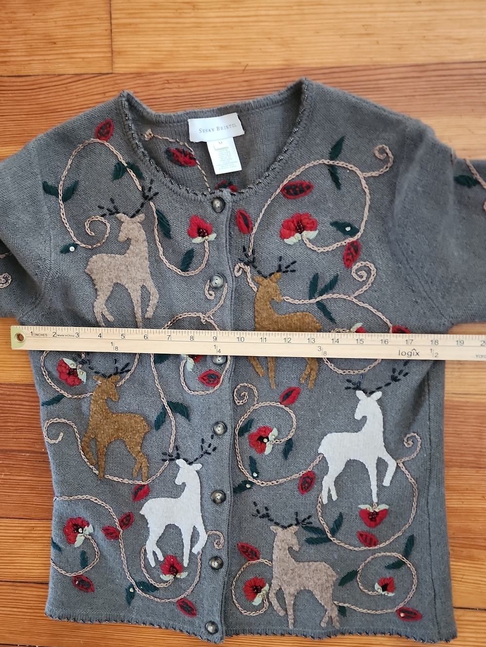 Susan Bristol Green Cardigan with Embroidered Deer and Floral Accents Medium - Picture 11 of 12